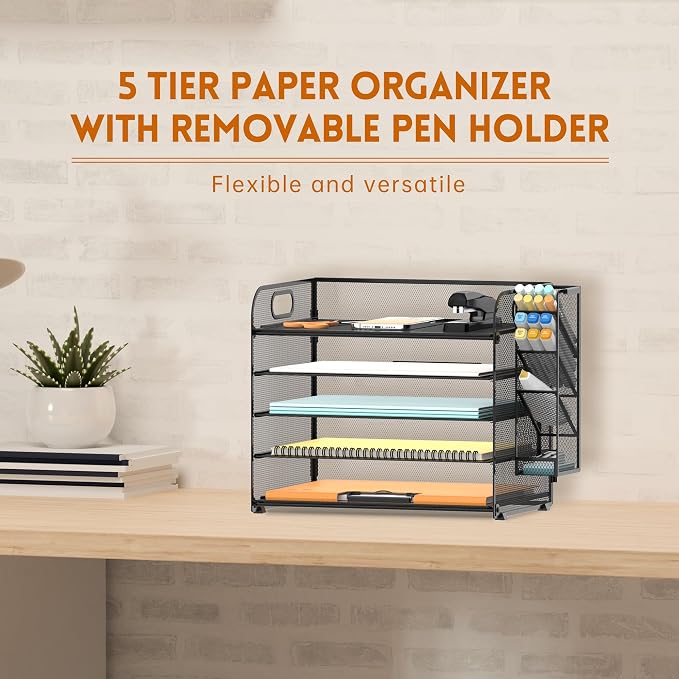 5-Tier Paper Organizer for Desk with Pen Holders, Letter Trays, Black | Metal Mesh Desktop File Organizer with Removable Trays and 2 Handles for Paper, Files, Mail, Folders in Office Home or School