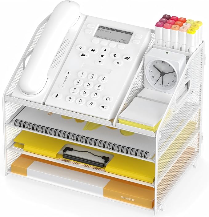 4 Tier Mesh Desk Organizer with Pen Holder and Handle Letter Tray | Metal desktop document shelf and paper sorter. Premium mesh workspace storage for office, home, and classroom