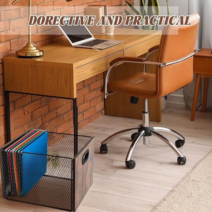 Yalikop Rustic Brown Wood File Box Organizer, Hanging Folder Storage Boxes, Filing Crate Bin Holder with Handle for Home Office Desk, Letter Size