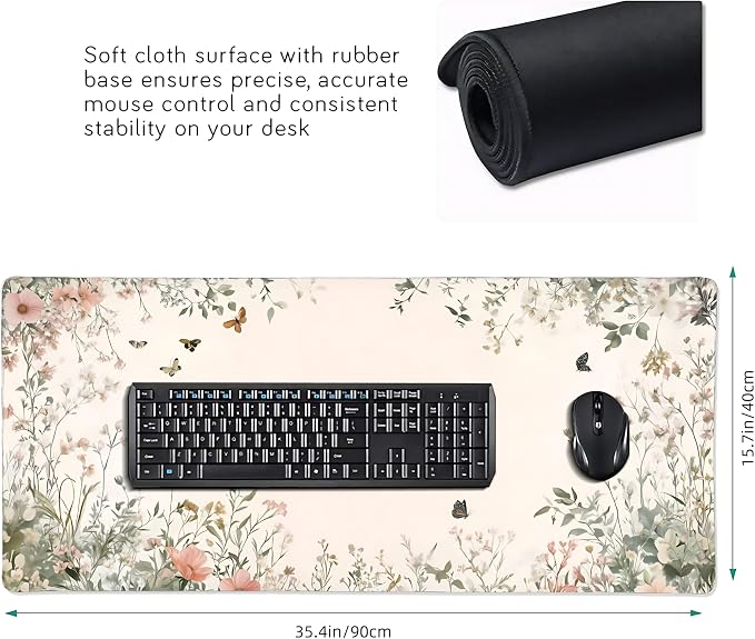 Cute Floral Aesthetic Wildflower Gaming Mouse Pad, Pink Macaron Desk Mat with Anti-Slip Base & Stitched Edges, Office & Home Desk Decor for Women, 35.4" x 15.7" in Computer Desktop Mat