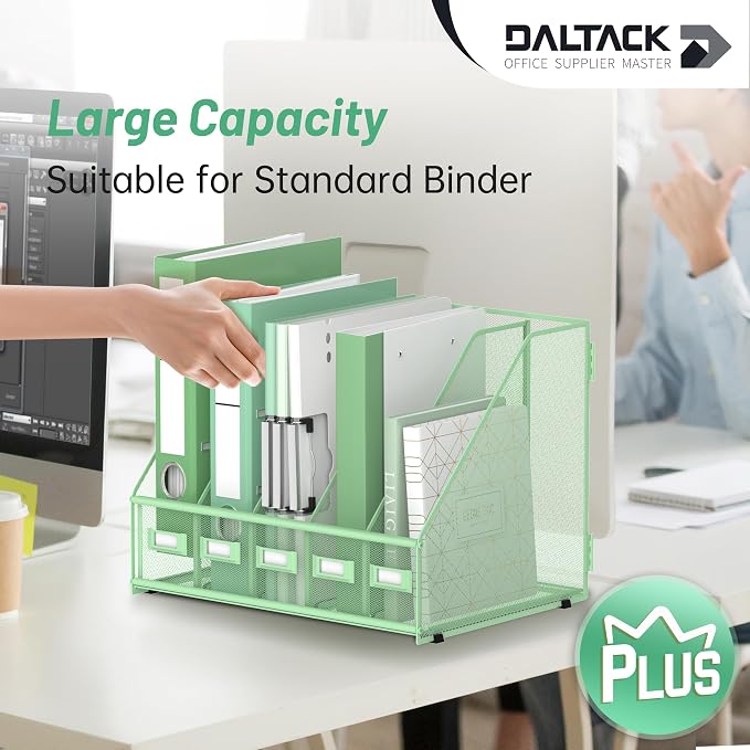 DALTACK 5-Slot Magazine File Holder, Metal Binder Holder, Mint Green | Iron Mesh Construction, Labeled Sections for Easy Sorting, Anti-Slip Feet, Binder and Folder Storage for Office, Classroom