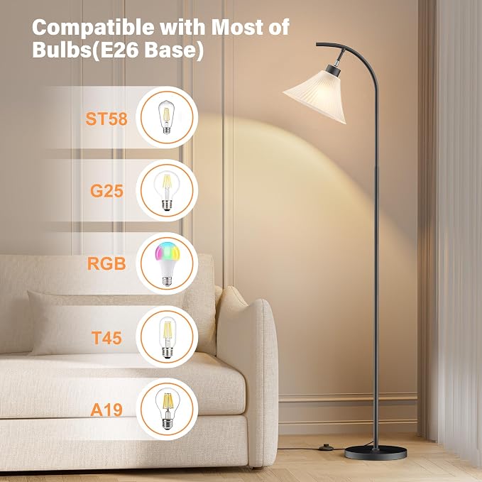 Glass Floor Lamp, Dimmable Black Standing Lamp with Remote Control & 3 Color Temperatures, Modern Arc Floor Lamps for Living Room Bedroom Office Corner, 9W LED Bulb Included