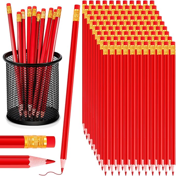Outus 144 Pcs Red Pencils with Eraser Pre Sharpened Red Checking Correcting Pencils Erasable HB Grading for Checking Tests Grading Map Coloring Editing Writing Drawing Back to School Office Favors