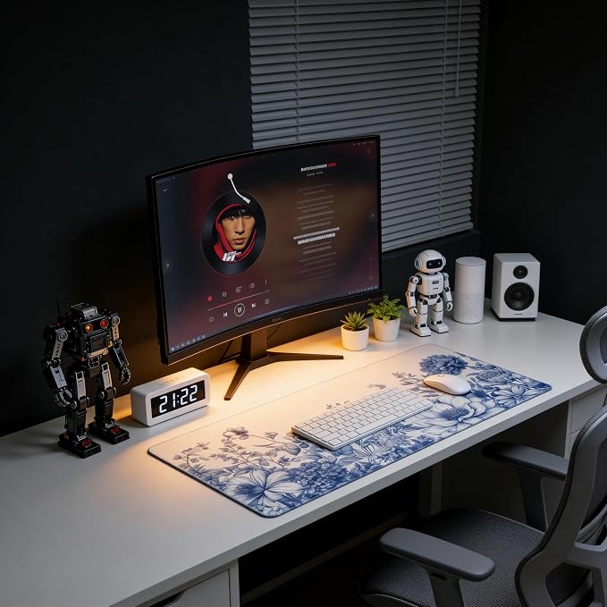 Floral Aesthetic Lotus Gaming Mouse Pad, White Blue Chinoiserie Desk Mat with Anti-Slip Base & Stitched Edges,35.4" x 15.7" in Table Mat for Computer Desktop, Beautiful Workstation Decor