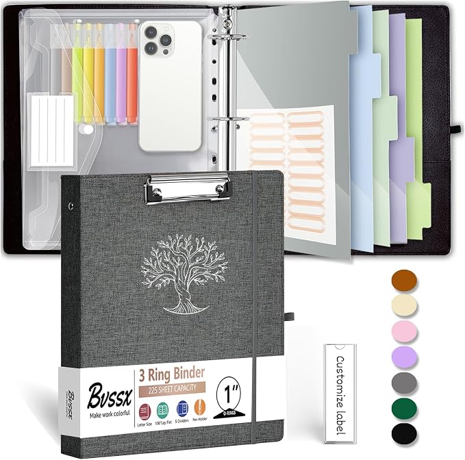 3 Ring Binder, 1 Inch Three Ring Linen Leather Binder Organizer with Clipboard for Letter Size Paper, Transparent Folder, 5-Tabs Dividers, File Folder Labels, Pen Loop, Elastic Strap (Dark Grey)
