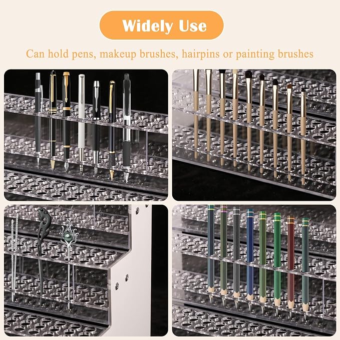 Makeup Paint & Brush Organizer Rack Pen Display Stand, Multi-Level Plastic Organization Rack Pencil Holder, Clear Pen Display Holder 3 Layer 144 Holes for Craft Shows