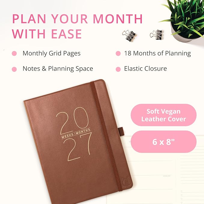 Graphique Apollo Black 18 Month Planner, July 2026 – Dec. 2027, Hardbound Vegan Leather Planner with Monthly Tabs, Holidays & Reminder Stickers, 8” x 10”