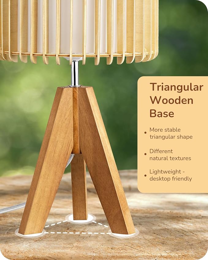 EDISHINE 14.17" Small Table Lamp, Wood-Colored Hollow Shade, E26 Base | Wood Tripod Bedside Lamp, Boho Nightstand Lamp for Bedroom, Living Room, Office, Study