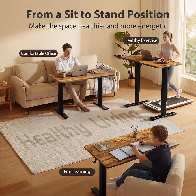 Cubiker Standing Desk, 55x24 Inches Sit Stand Home Office Desk, Electric Stand up Desk, Adjustable Desk with Splice Board, Black Frame/Rustic Brown Top