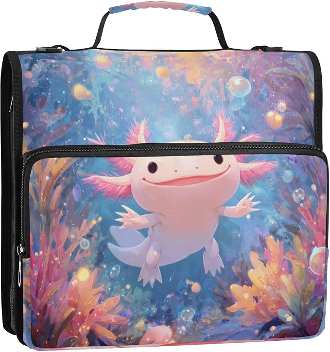 Cute Axolotl Print 3 Ring Zipper Binder with Shoulder Strap & Handle 2 Inch D-Ring Zippered Binder Bag with Multiple Pocket & Pencil Pouch, Binder Organizer for School or Office