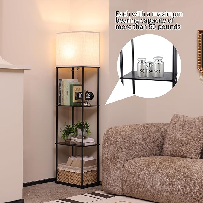 Gupuzm Floor Lamp with Shelves, Large Size Rectangle Standing Lamp with 3 Color Temperature Bulb, Corner Display Bookshelf Lamp for Living Room, Bedroom and Office (Black-9)