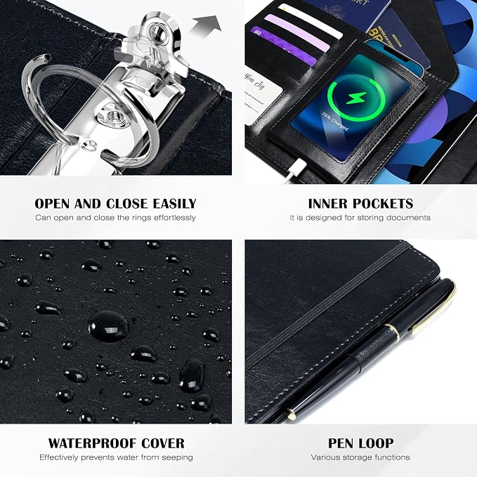 Ospelelf Leather 3 Ring Binder for Letter Size Documents with Pocketed Dividers, 1 Inch Round Rings, Holds 175 Sheets, Binders with Storage Bag & Notepad, for Office School Home Organization, Black
