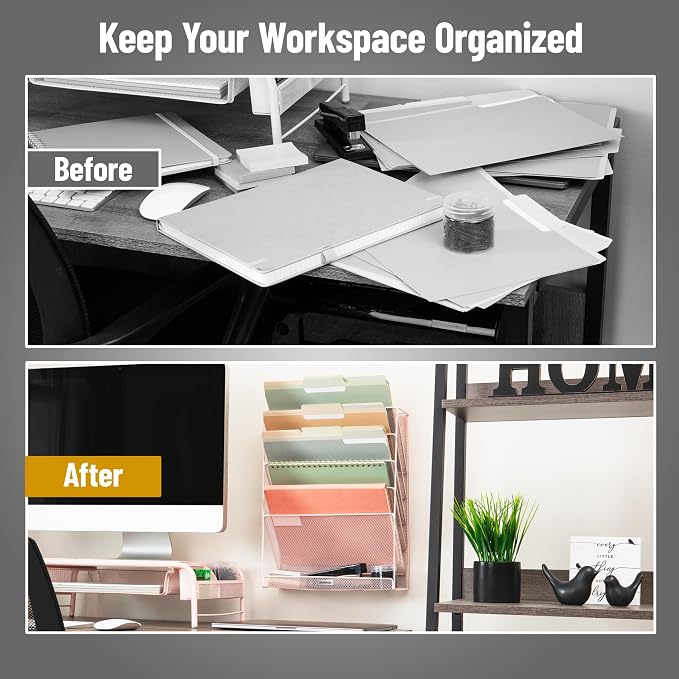 Mind Reader 5-Pocket Vertical File Storage, Desktop Organizer, Wall Mount, Office, Metal Mesh, Pink