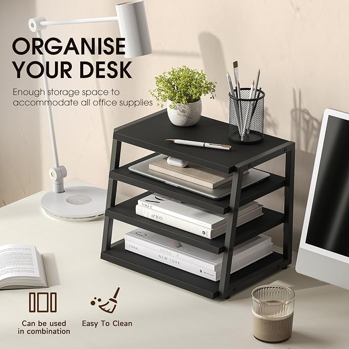 Fenge Desk Shelf Organizer, 4-Tier Tower Desktop Office Shelves, Black | Wood and Metal Open Shelf, Corner File Organizer for Office Supplies, Top of Desk Organizers and Accessories