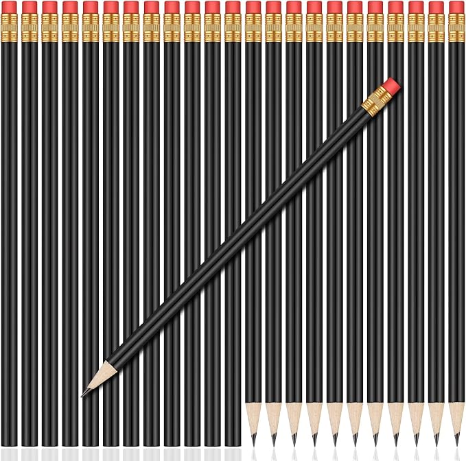 Outus 24 Pieces Round Pencils Cute HB Graphite Wood Pencils Bulk with Eraser for School Writing Drawing Sketching Wedding Office Supplies(Black)