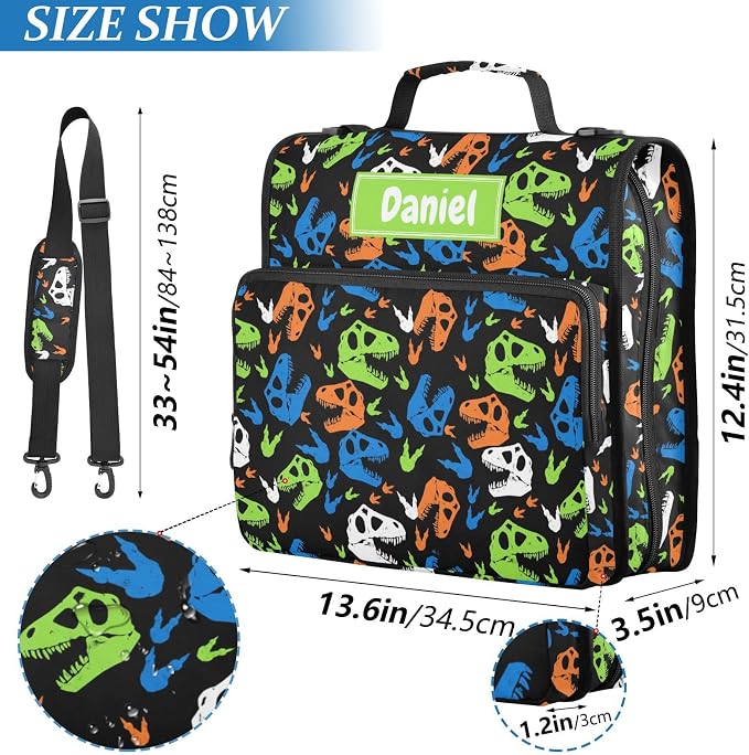 Custom Dinosaur Skull Black Print 3 Ring Zipper Binder with Shoulder Strap & Handle 1.5 Inch D-Ring Zippered Bag with Multiple Pocket, Personalized Binder Organizer for School or Office