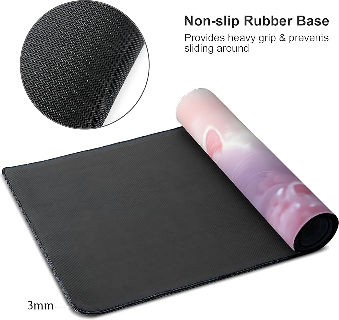 Cute Anime White Cat Gaming Mouse Pad, Pink Dreamy Desk Mat with Anti-Slip Base & Stitched Edges,35.4" x 15.7" in Table Mat for Computer Desktop, Beautiful Workstation Decor