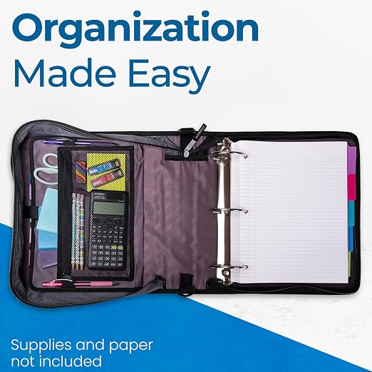 Case-it School Zipper Binder | 3" O-Rings | 600-Sheet | D-146 Light Blue | Mighty Zip Tab, 5-Color Tab Expanding File Folder, Multiple Pockets, Shoulder Strap, Daisy Design, Office