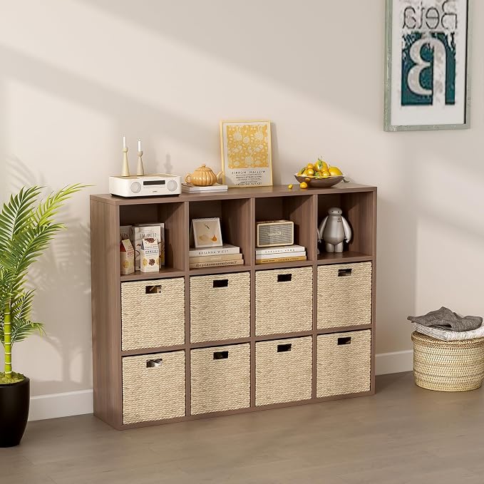 12-Cube Storage Shelf Bookcase, Walnut | Wooden 3-Tier Open Bookshelf, Fits 11×11" Bins, Vertical or Horizontal Use, Full Back Panels, For Home Office