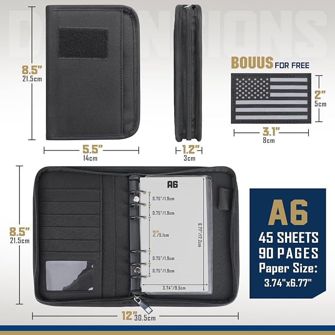 WYNEX Tactical Notebook Padfolio 6 Ring Binder, 3.7x6.7 IN Refill Paper | S-5.5x8.5" Zip Hardcover Notebook, 45 Sheets Line Paper, 1"O-ring Water-Resistant Planner, for Office College Field Gift