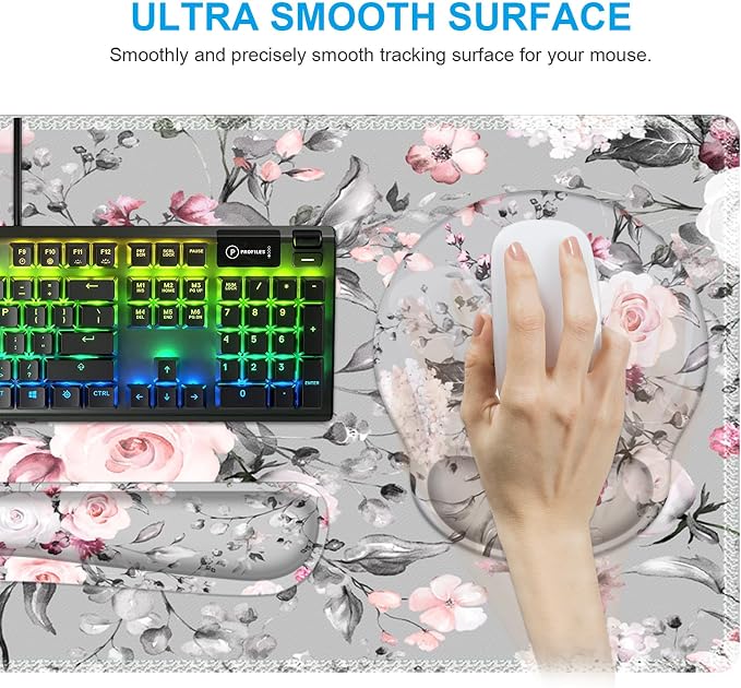 iCasso Desk Blotter for Workspace, Pink Floral 35.4"x15.7" Mousepad | School Ergonomic Desk Pad Featuring Keyboard Wrist Rest, Elegant Mousepad Set for Study Workspace Computer Setup