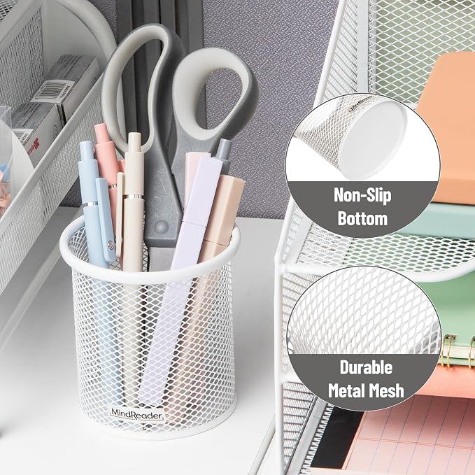 Mind Reader Pen and Accessories Holder, Desktop Organizer, Office, Metal Mesh, 3.5"L x 3.5"W x 3.75"H, Set of 3, White