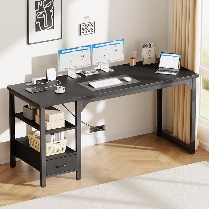 54" Computer Desk with Drawer, 1.2" Thick Reversible Office Desk | Modern Writing Table with Power Outlets & Storage Shelves, Heavy Duty Industrial Executive Desk for Home Bedroom Study Work