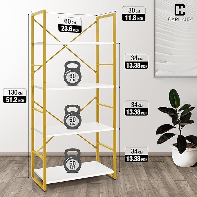 CAPHAUS 4 Tier Bookshelf, Bookcase Shelf Storage Organizer, Living Room, Kitchen, 24 Inch Width Free Standing Shelf, Industrial Book Shelves for Home Office, White Wooden Shelves & Gold Frame