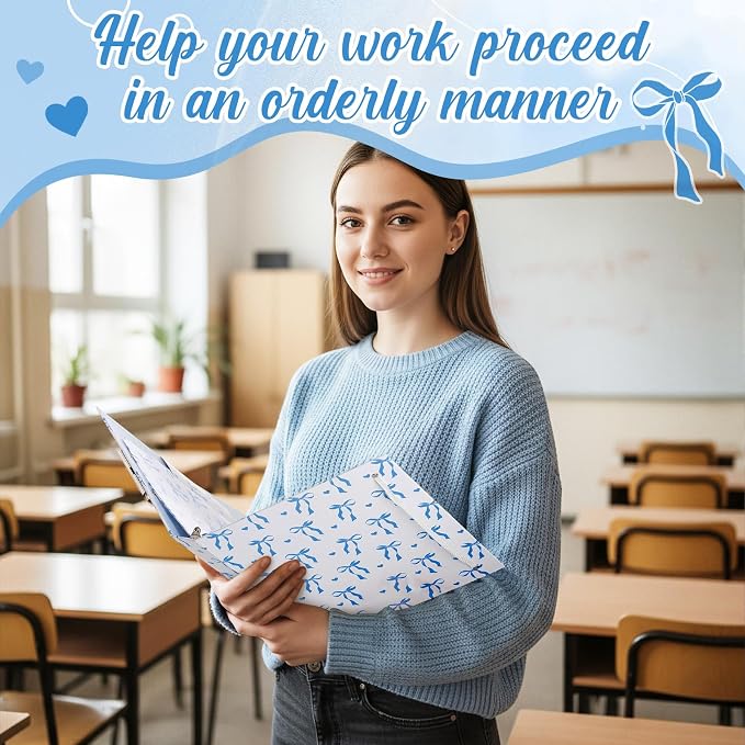Colarr 3 Ring 1 Inch Blue Bow Binder with 2 Pockets Cute Bow Knot Clipboard Binder Organizer for Back to School 8.5" x 11" Letter Size 5 PVC Index Dividers with Tabs 18 Label Stickers Office Supplies