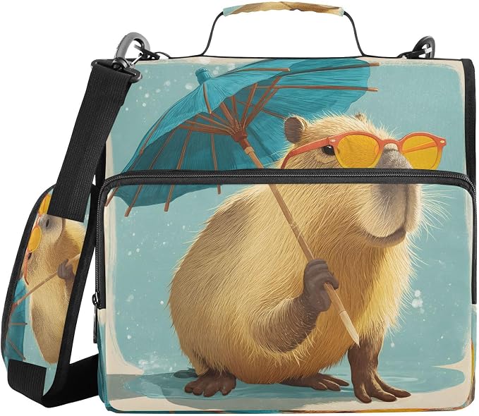 ALAZA Zipper Binder 3 Ring Cartoon Capybara Binder Organizer with Zipper and Shoulder Strap Large Capacity Multi-Pocket Trapper Keeper File Folder for Office Supplies