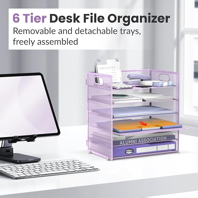 Daltack 6-Tier Paper Organizer for Desk with Handle, Purple | Sturdy Metal Mesh Organizer with Movable Middle Trays and a Carry Handle for Papers, Folders and Office Supplies