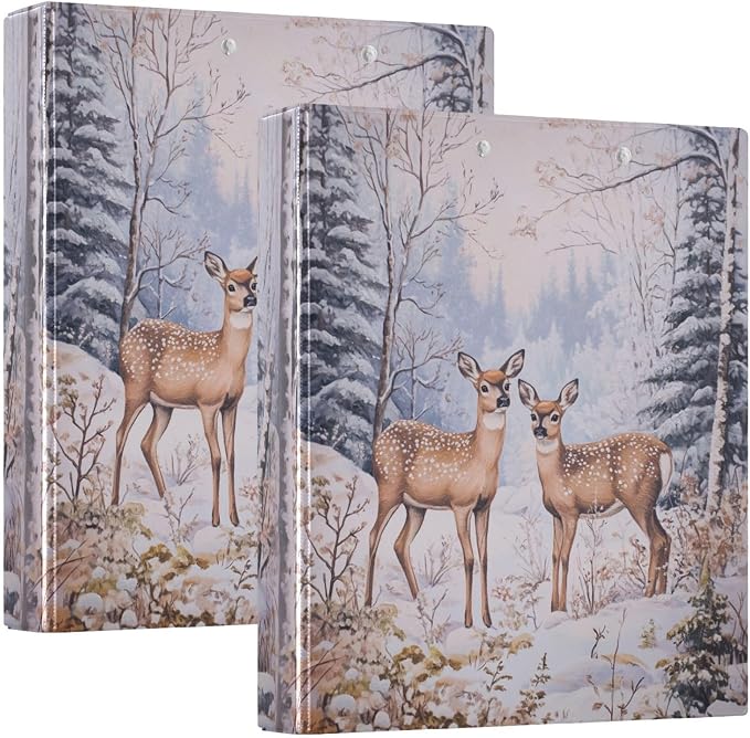 Winter Deer Pine Tree Forest 3 Ring Binder 1.5" Decorative D-Ring Binder with Clipboard&3 Clear Pockets, Holds 200 Sheets A4 Size Paper Waterproof Binders for School Home Office|2 Pack