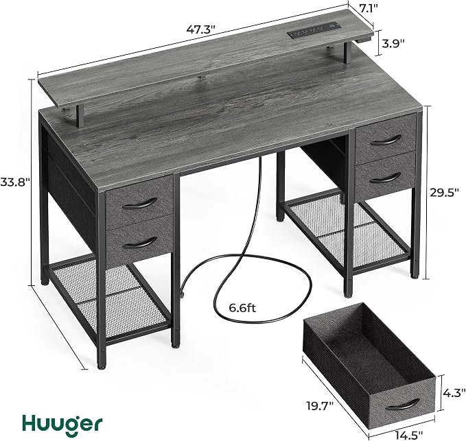 Huuger 47 inch Computer Desk with Power Outlets & 4 Drawers | Gaming Desk with LED Lights, Home Office Desk with Large Storage Space for Bedroom, Work from Home, Grey