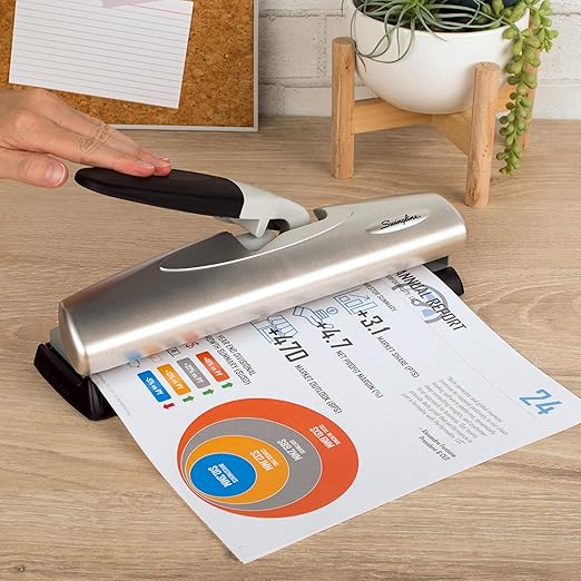 Swingline 3 Hole Punch, 20 Sheet Capacity Three Hole Puncher 3 Ring, Adjustable 2-7 Hole Paper Punch, LightTouch Low Effort, Black & Silver (74030)