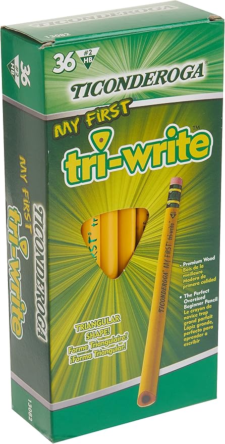 Ticonderoga® Tri-Write Beginners' Pencils With Erasers, #2 Soft, Yellow Barrel, Pack Of 36 & My First Tri-Write Wood-Cased Pencils, Neon Colors, 12 Count (X13012)