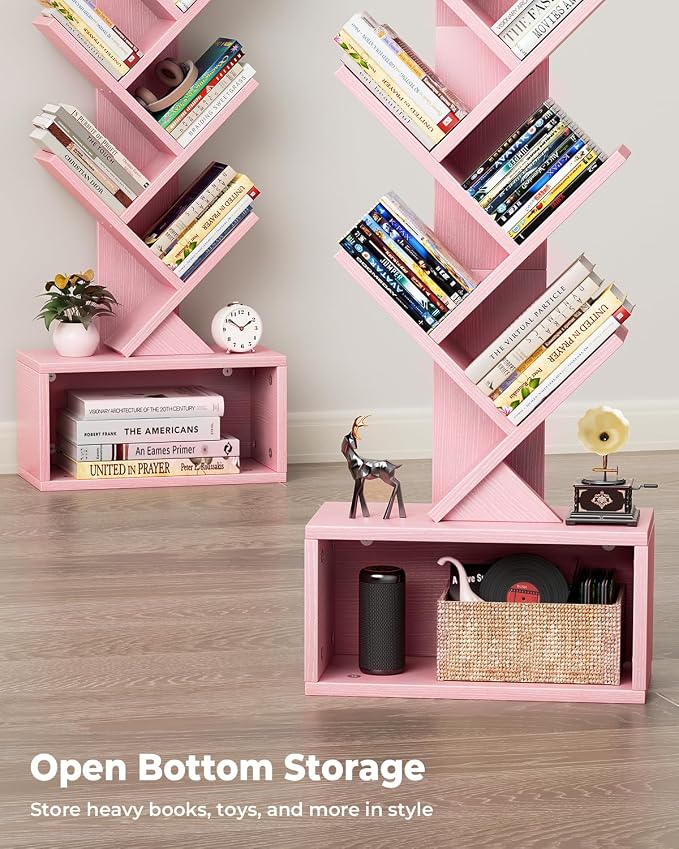Evermagin 6 Tier Tree Bookshelf with Light, Bookcase, Pink | Narrow Tower Design, Storage Cabinet for Book Organization, Tall Floor Standing Use, Living Room, Bedroom and Home Office