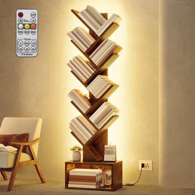 Hoctieon 9 Tier Tree Bookshelf, Tall Bookcase, Freestanding Book Shelf with LED Lights, Display Floor Standing Storage Shelf, Book Organizer Shelves for Home Office, Living Room, Rustic Brown