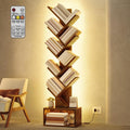 Hoctieon 9 Tier Tree Bookshelf, Tall Bookcase, Freestanding Book Shelf with LED Lights, Display Floor Standing Storage Shelf, Book Organizer Shelves for Home Office, Living Room, Rustic Brown