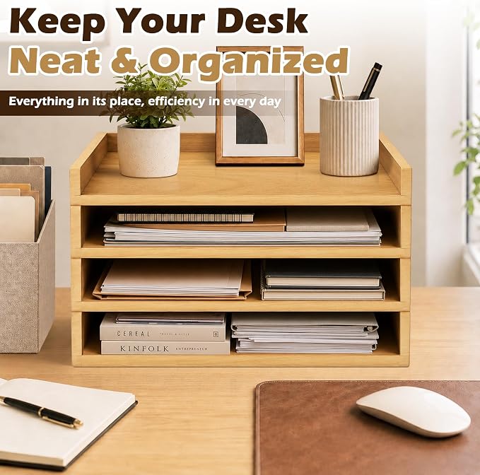 4 Pack Stackable Paper Tray, Wooden Paper Tray Organizer with Letter Tray, Paper Holder for Desk, Desktop File Storage Rack for Study, Home and Office (Oak)
