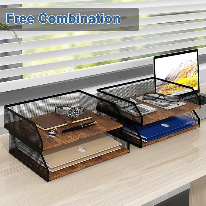 Natwind 4-Tier Stackable Paper Tray, Metal Mesh Desktop Organizer, Paper Sorter, Letter Trays,File Document Storage Rack for for Home, Office, School (Retro)