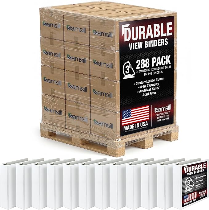 Samsill Durable 3 inch 3 Ring Binder, D Ring Binder, 100% Recycled Chipboard, White, Pallet of 288 Binders in 24 Cartons
