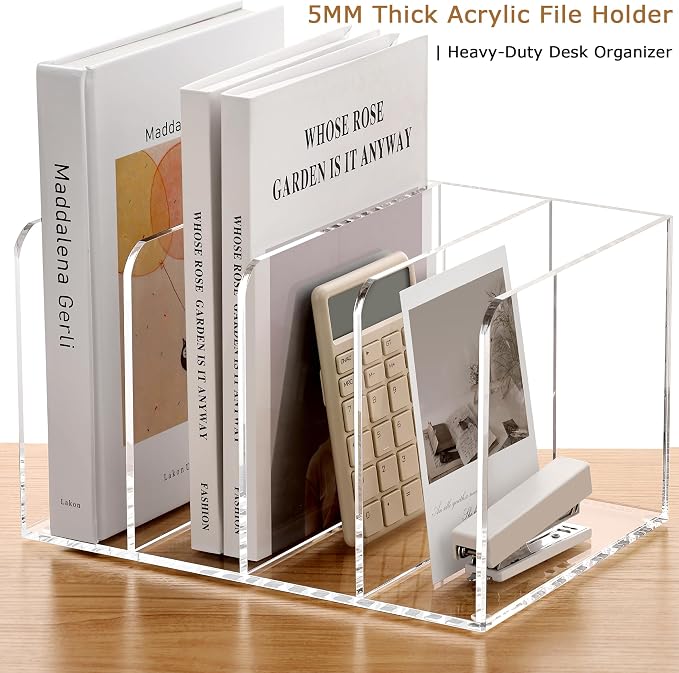 YUXUN Clear Acrylic Magazine File Holder, 4 Compartment Desk Organizer | Desk Organizer for Documents, Tablets, Magazines, Books & Accessories, Ideal for Office, Home & Classroom
