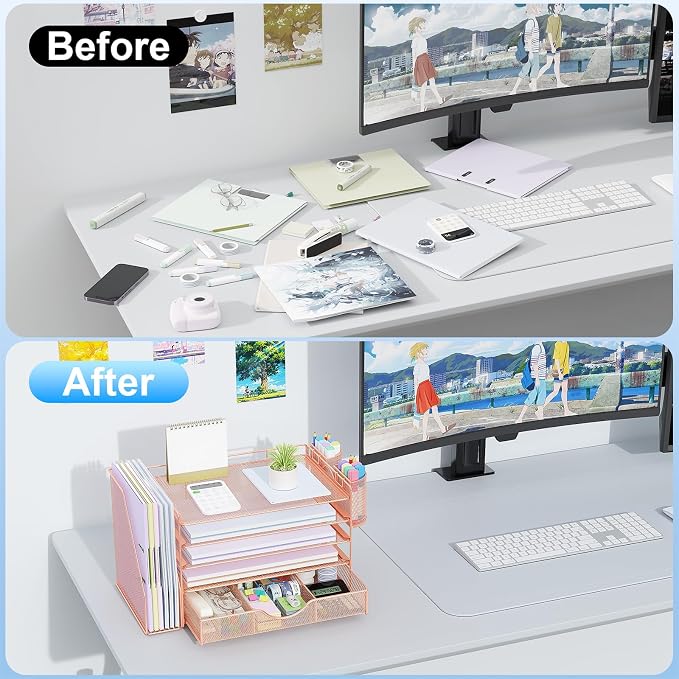 gianotter 5-Tier Desk Organizer with Drawers and File Holders | Letter Trays and Pen Holders - Workspace Accessories for Office Supplies (Rose Gold)