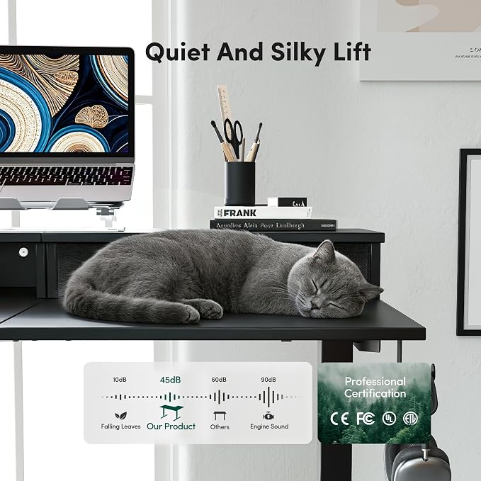 CubiCubi 63x48 Inches L Shaped Standing Desk with 3 Drawers and Monitor Shelf, Height Adjustable Corner Computer Desk with Hooks, Sit Stand Up Ergonomic Home Office Workstation Table, Modern Black