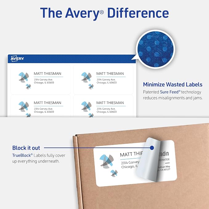Avery TrueBlock Printable Shipping Labels with Sure Feed, 2" x 4" Customizable Stickers, White, 1,250 Blank Mailing Labels Total (5-Pack of 8163)