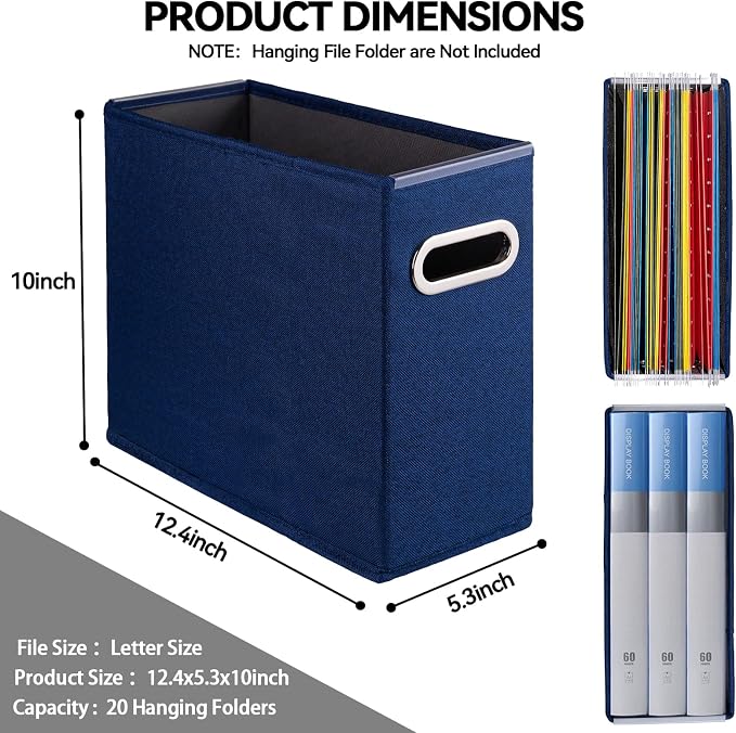 4 Pack Letter Size File Storage Box Collapsible, Fabric Hanging File Folders Organizer, Portable Office Document Holder with Metal Handle, Smooth PVC Rails, Blue