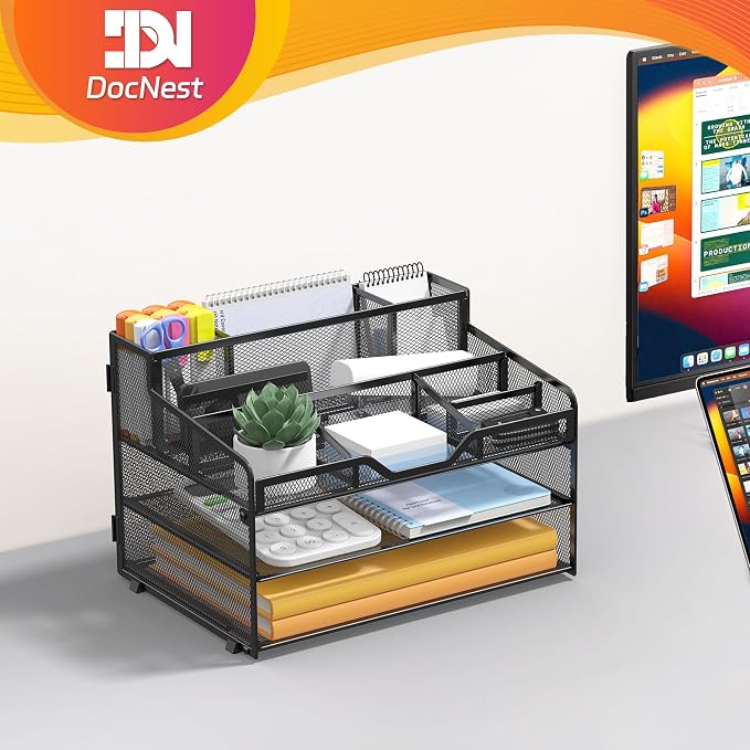 Docnest 3 Tier Mesh Desk Organizer with Letter Tray & Paper Sorter, Black | Features 3 built-in pen holders & 5 adjustable compartments on top. Includes 4 non-slip rubber feet for desk protection