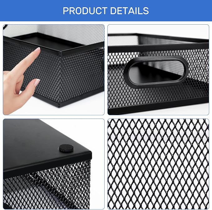 Neudeco Desk Drawer Organizer, 4 Pack Metal Mesh, Black | Adjustable Dividers, Stackable, Pen Organizer, Office Supplies Organizer