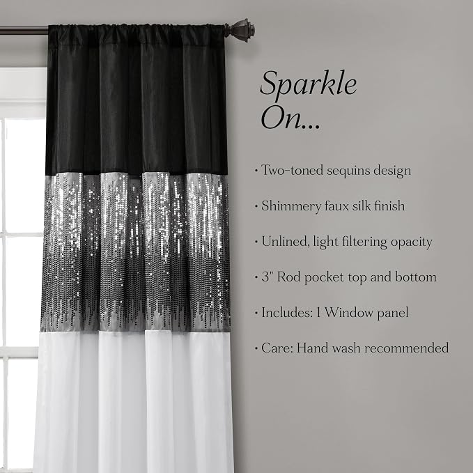 Lush Decor Night Sky Window Curtain Panel, Single, 42" W x 108" L, Black & White - Sequin Curtains - Sparkle & Color Block Design - Modern Glam Decor - Extra Long Curtains For Bedroom & Living Room