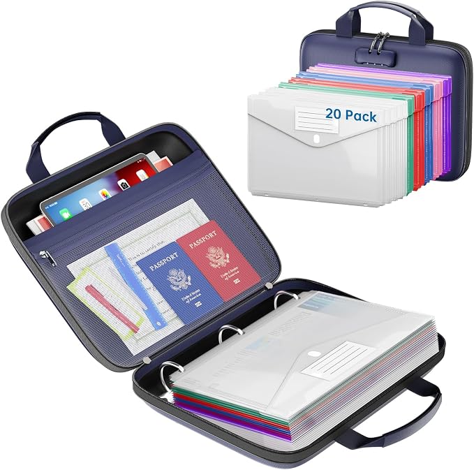 Fireproof Binder Organizer with 20 Pack Binder Pockets & Lock,Blue | Important Document Box with Zipper,Water Resistant Hard Case, Portable Home Office Safe Storage Protection for Letter Size